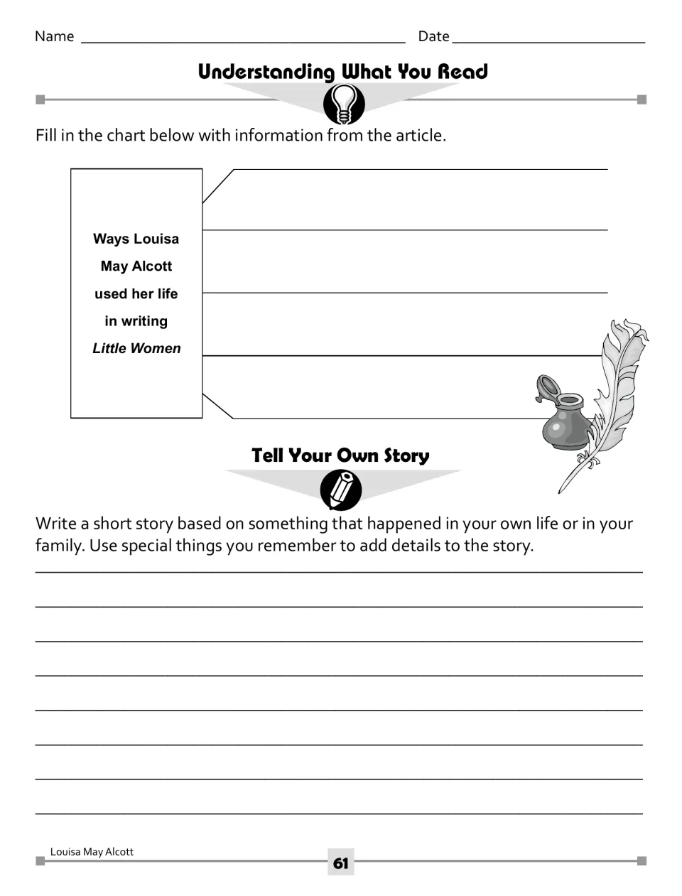 'Understanding What You Read' chart on how Alcott used her life in Little Women, plus a personal story prompt