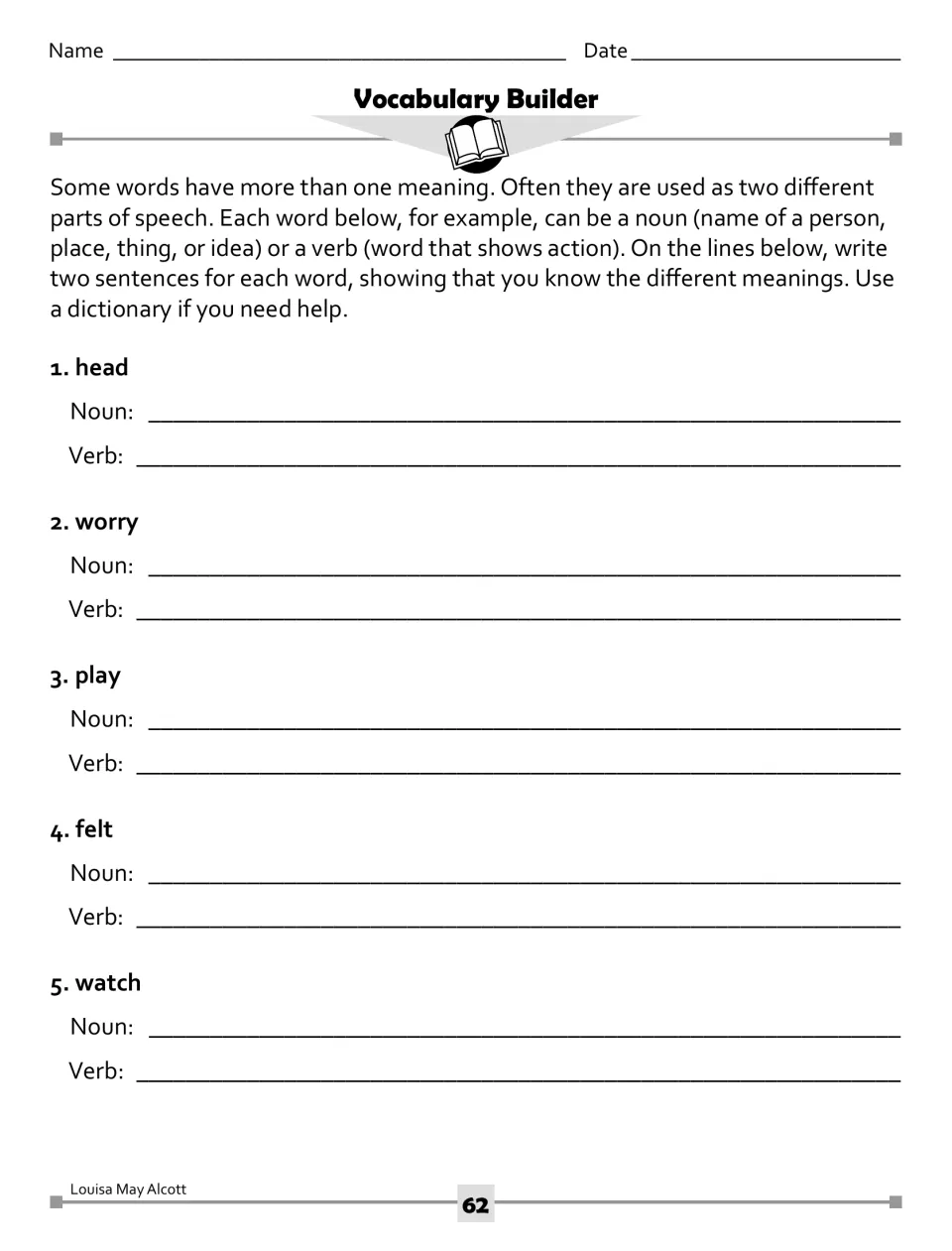 Vocabulary Builder on multiple-meaning words: noun and verb sentences for head, worry, play, felt and watch