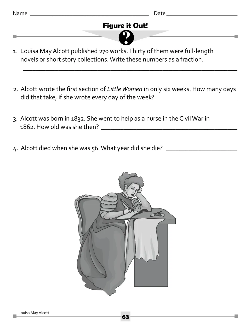 Figure it Out! math problems from Alcott's life: 30 of 270 works as a fraction, six weeks in days, her age in 1862