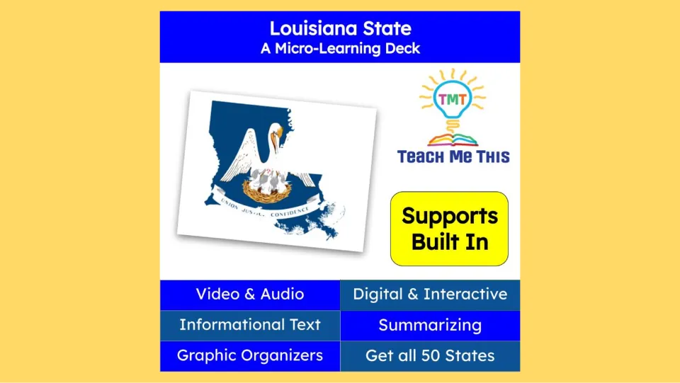 Cover of Louisiana: A Micro-Learning Deck, listing video, audio, informational text, and summarizing