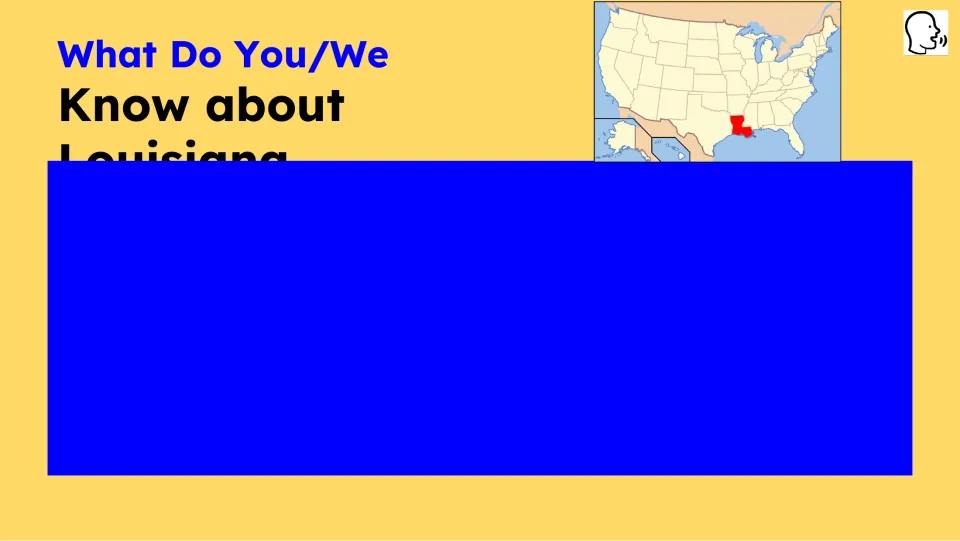 Prior-knowledge slide asking what students know about Louisiana, with the state highlighted on a U.S. map