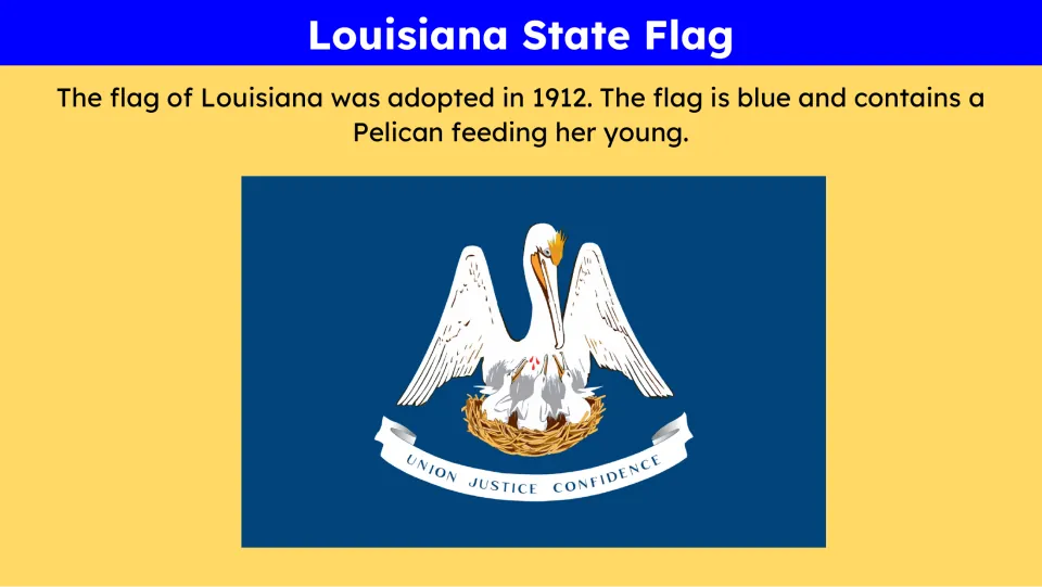 State flag slide showing Louisiana's blue flag and a pelican feeding her young, with an adoption date of 1912