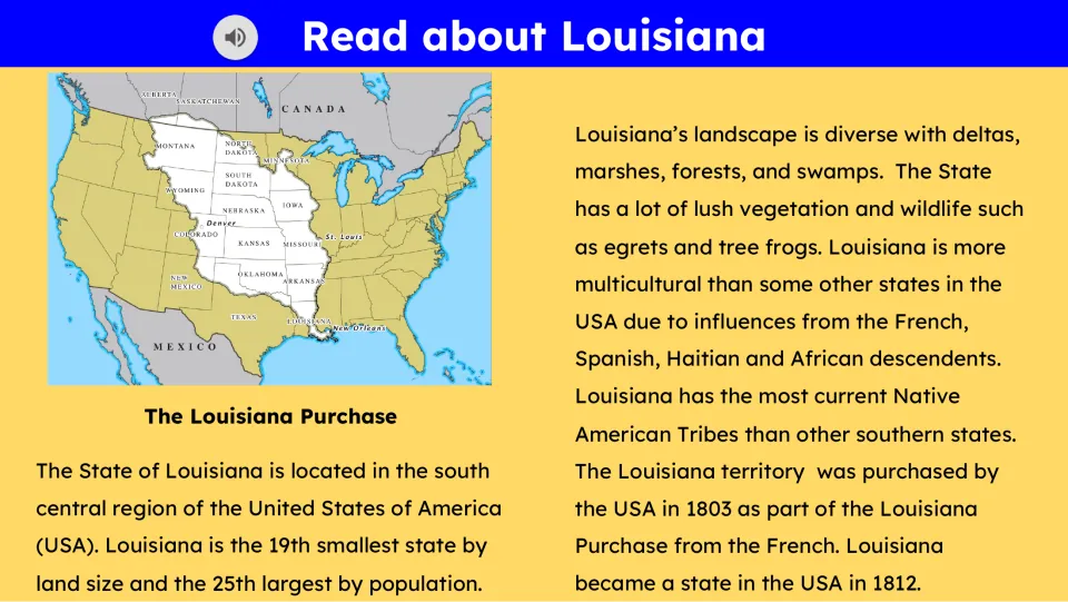 Reading slide covering Louisiana's location, landscape, cultural influences, and history, with a Purchase map