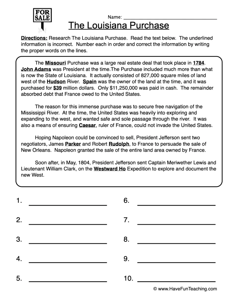 Louisiana Purchase error hunt: students find 10 underlined mistakes in a passage, number them and write corrections
