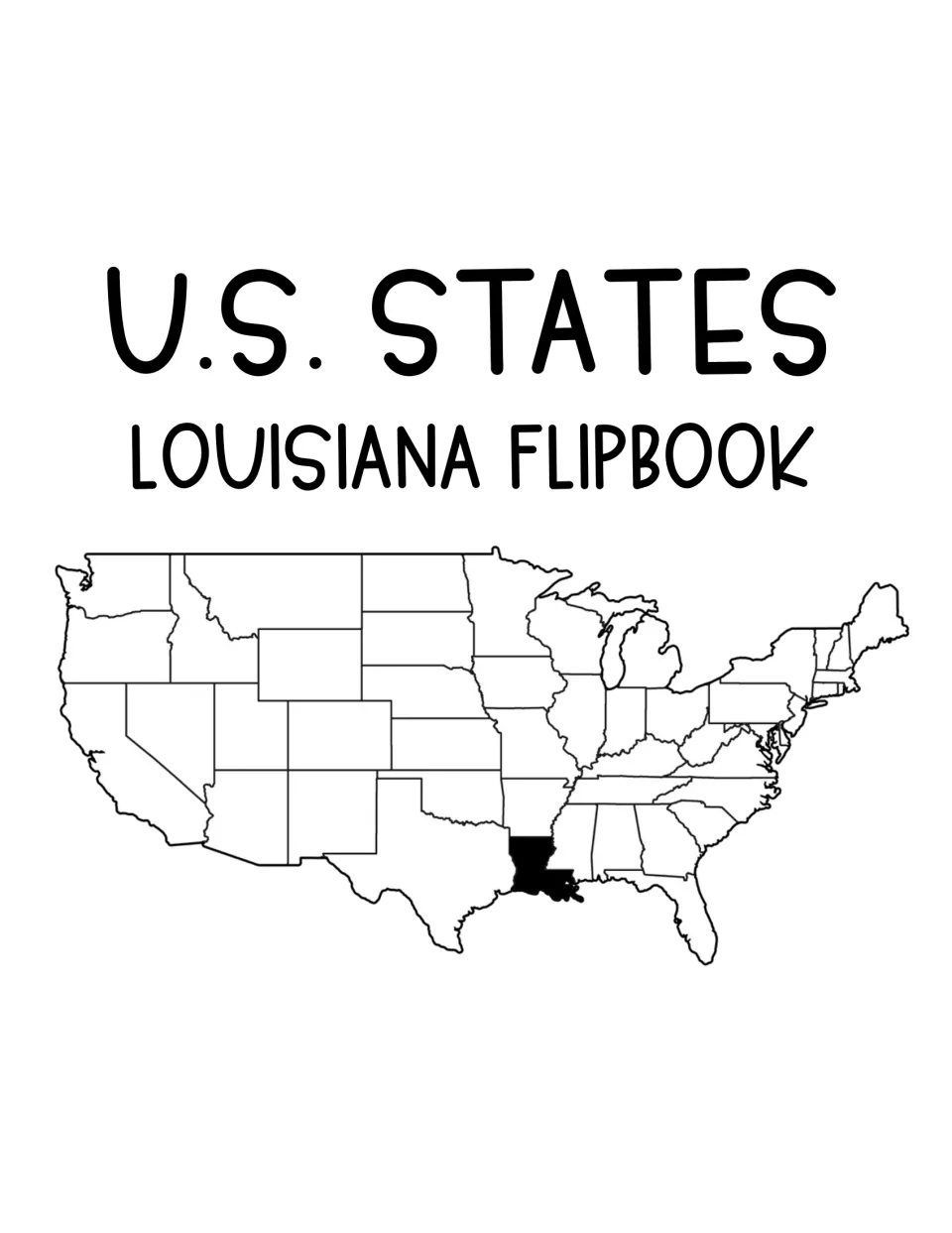 U.S. States Louisiana Flipbook cover showing a map of the United States with Louisiana shaded black