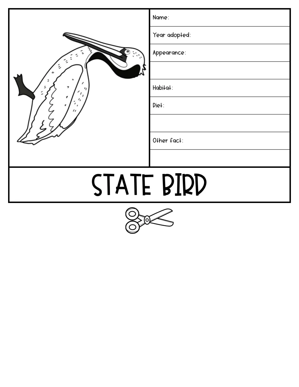State bird flap with a pelican drawing; students note its name, year adopted, appearance, habitat, diet and another fact