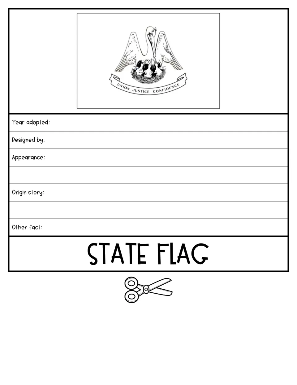 State flag flap: pelican flag with the motto Union Justice Confidence; students add year adopted, designer, origin story