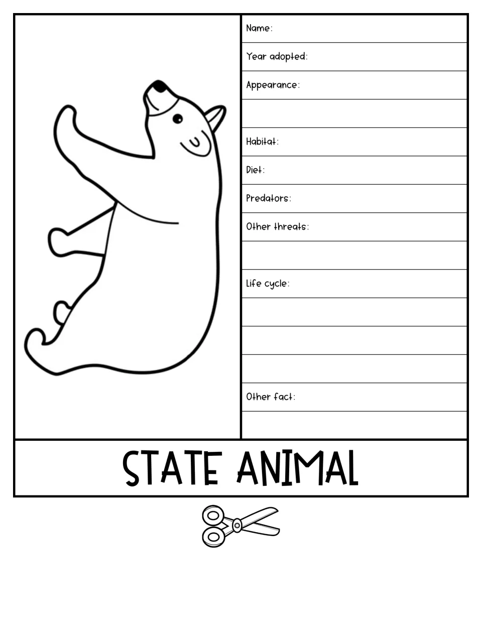 State animal flap with a bear drawing; students record its habitat, diet, predators, other threats, life cycle and a fact
