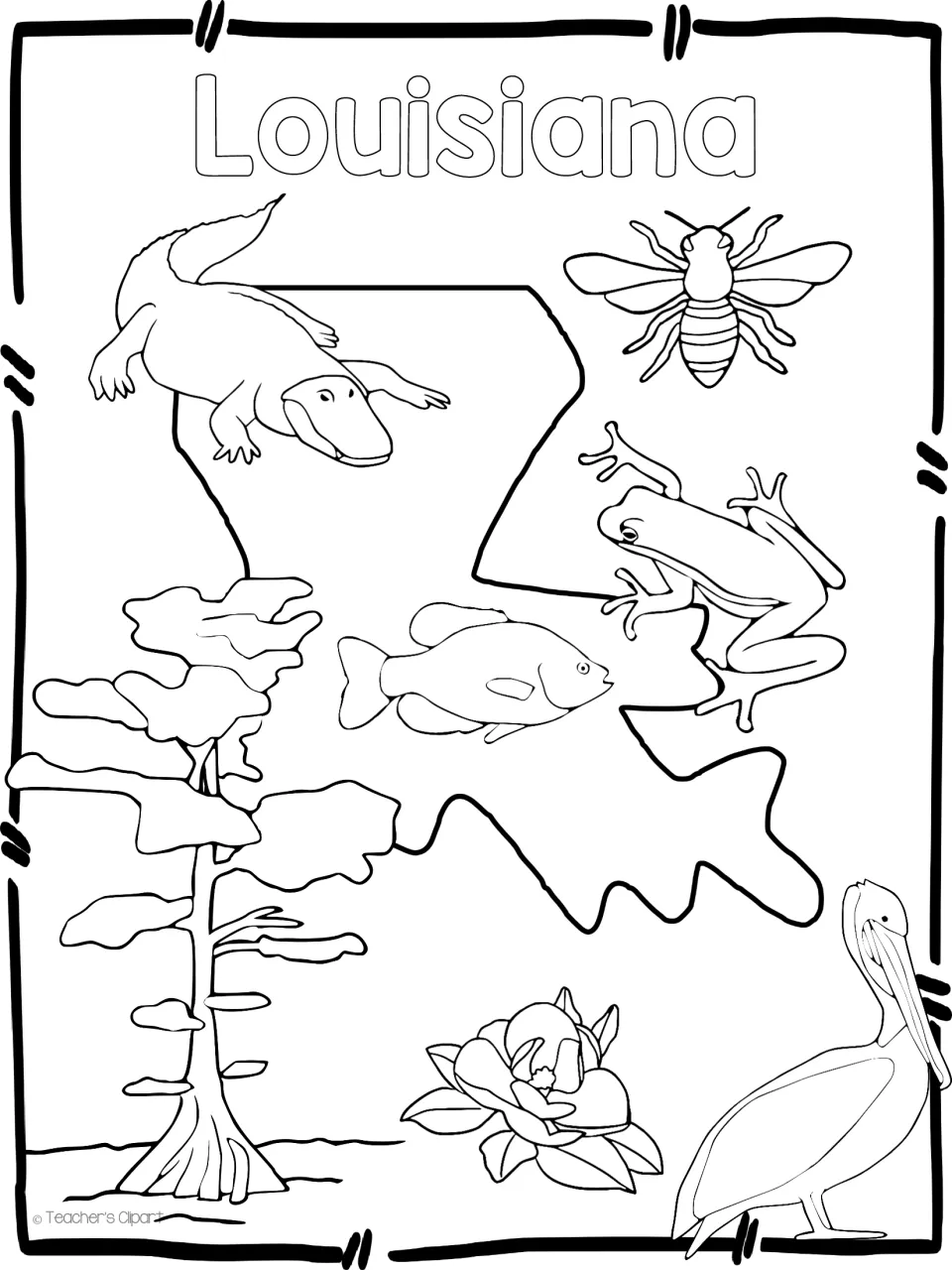 Louisiana state symbols line art: alligator, bee, frog, fish, cypress tree, magnolia and pelican around the state outline