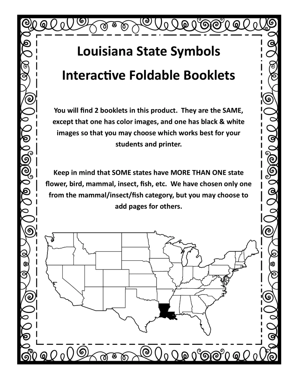Introduction note: two identical booklets, one in color and one black and white, beside a US map with Louisiana shaded