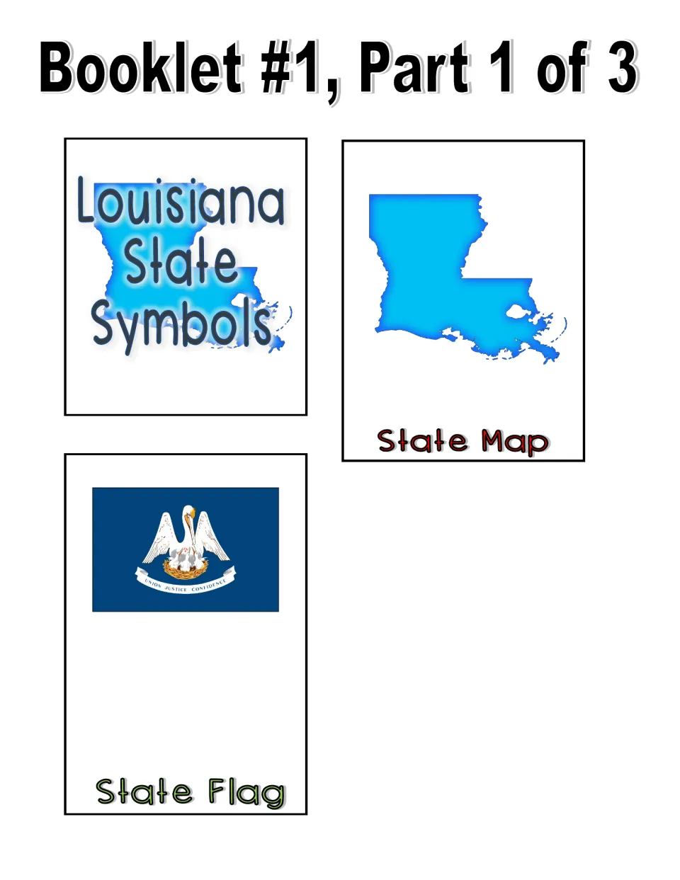 Color booklet cut-out pieces, part 1 of 3: title page, blank state map to mark cities, and pelican state flag page
