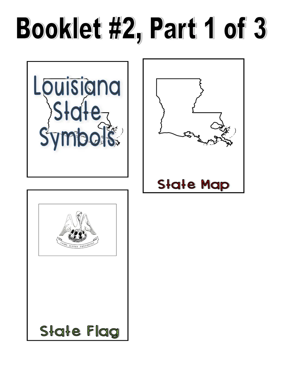 Black and white booklet cut-out pieces, part 1 of 3: title page, outline map of Louisiana and pelican flag to color