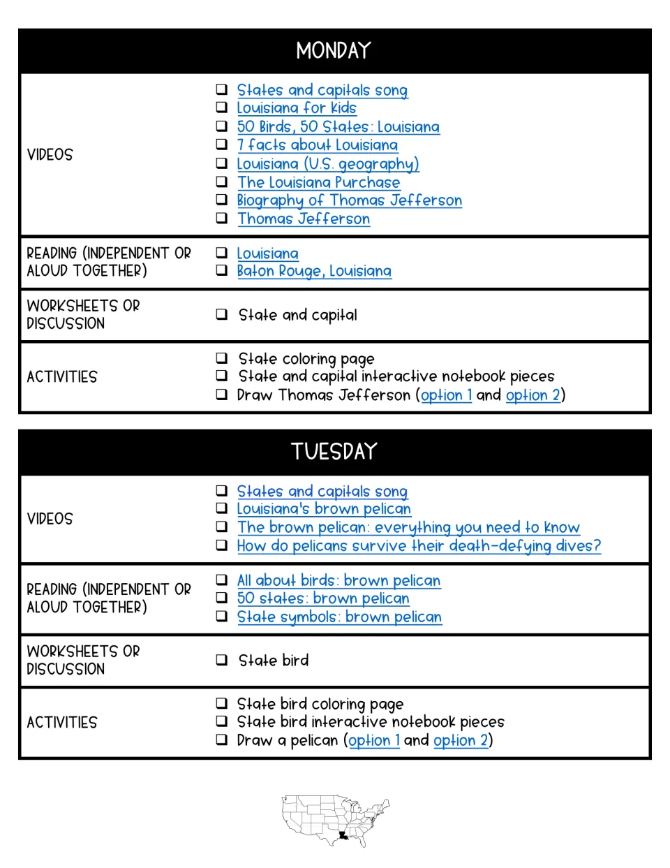 Monday and Tuesday plans: videos, readings, worksheets and activities on Baton Rouge, Thomas Jefferson and brown pelican