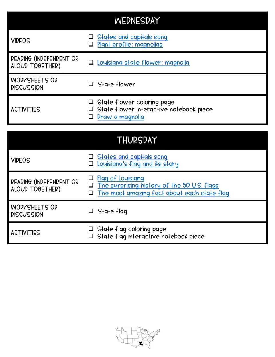 Wednesday and Thursday plans: magnolia and flag videos, readings, worksheets, coloring pages and notebook pieces