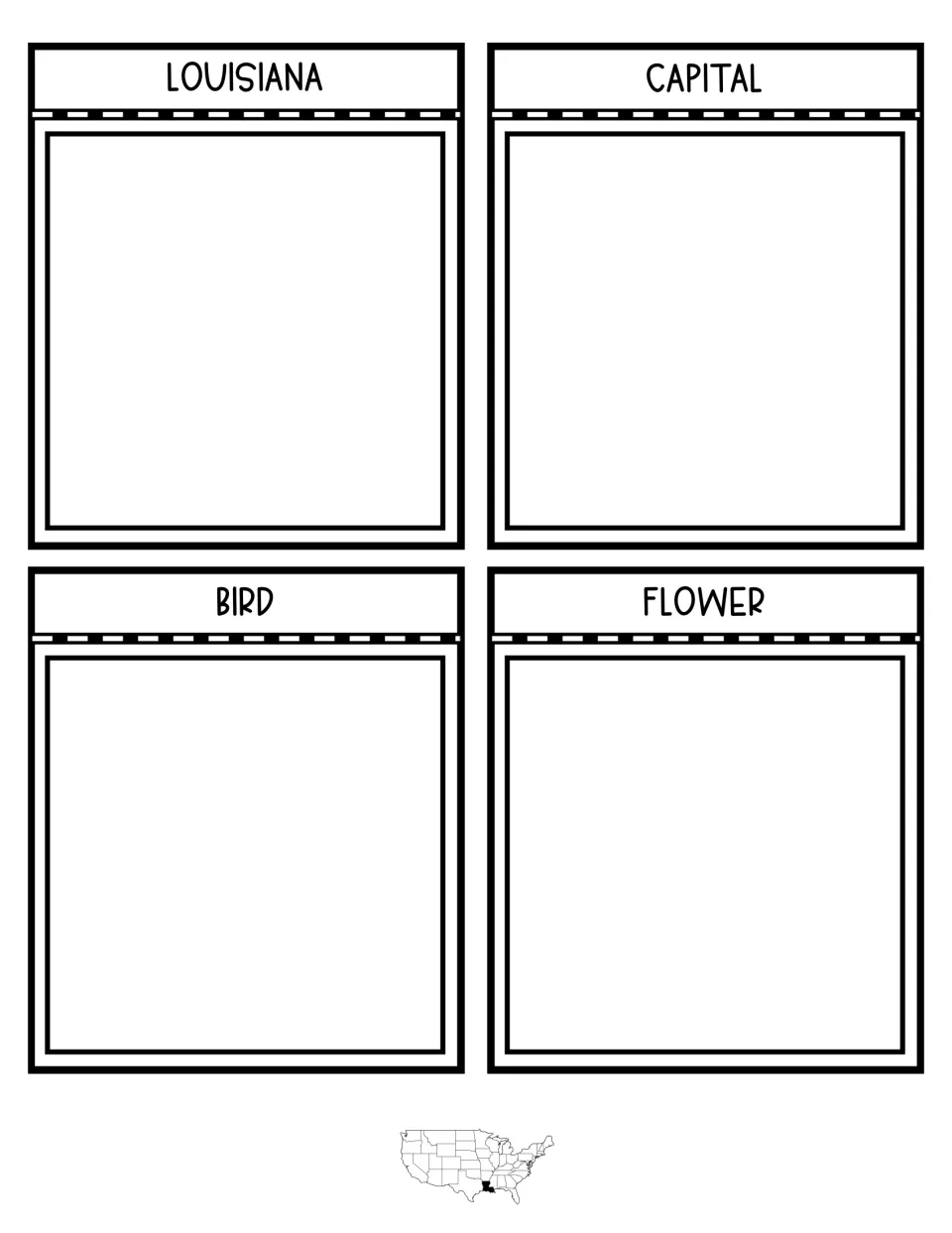 Interactive notebook flaps labeled Louisiana, Capital, Bird and Flower, each with a blank space for student work