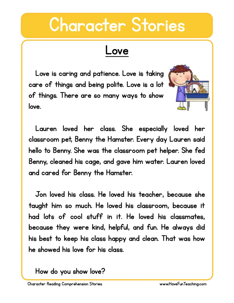 Reading passage about love: Lauren cares for Benny the Hamster, and Jon cares for his classroom and class.