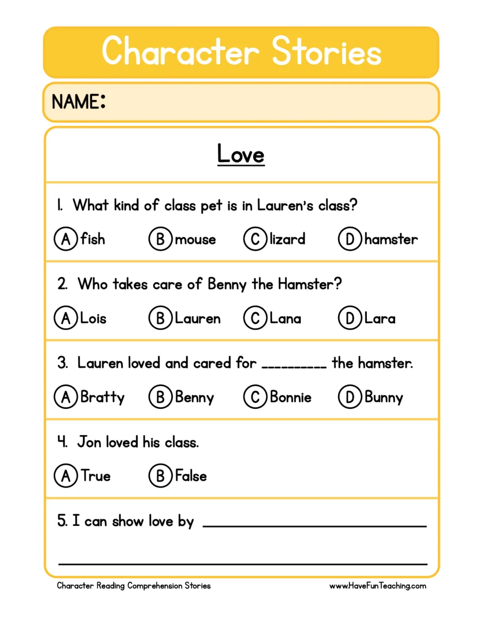 Comprehension questions about Lauren, Benny the Hamster, and Jon, plus an “I can show love by” prompt.