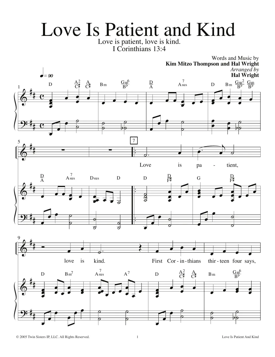Love Is Patient and Kind sheet music, bars 1-12: piano intro in D with chord symbols and lyrics from 1 Corinthians 13:4