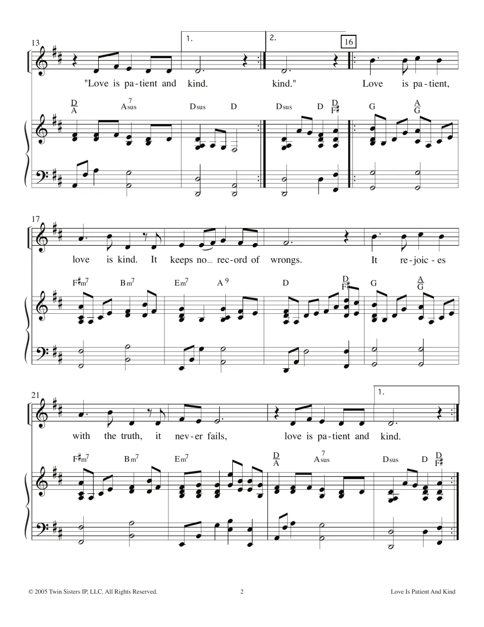 Song bars 13-24: vocal line, piano and chords with lyrics "It keeps no record of wrongs" and "rejoices with the truth"