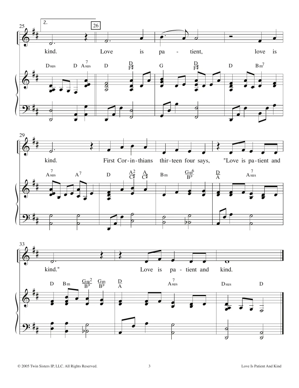 Song ending, bars 25-35: closing lyrics quoting First Corinthians thirteen four, with vocal line, piano and chords