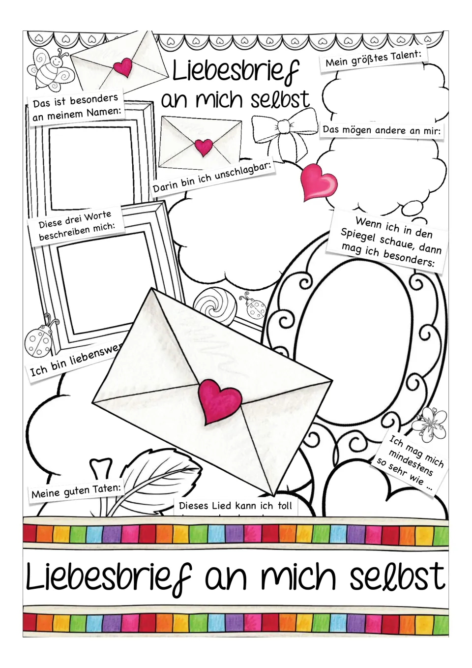 Cover for a German self-love worksheet, showing prompts about personal talents, names, and good deeds