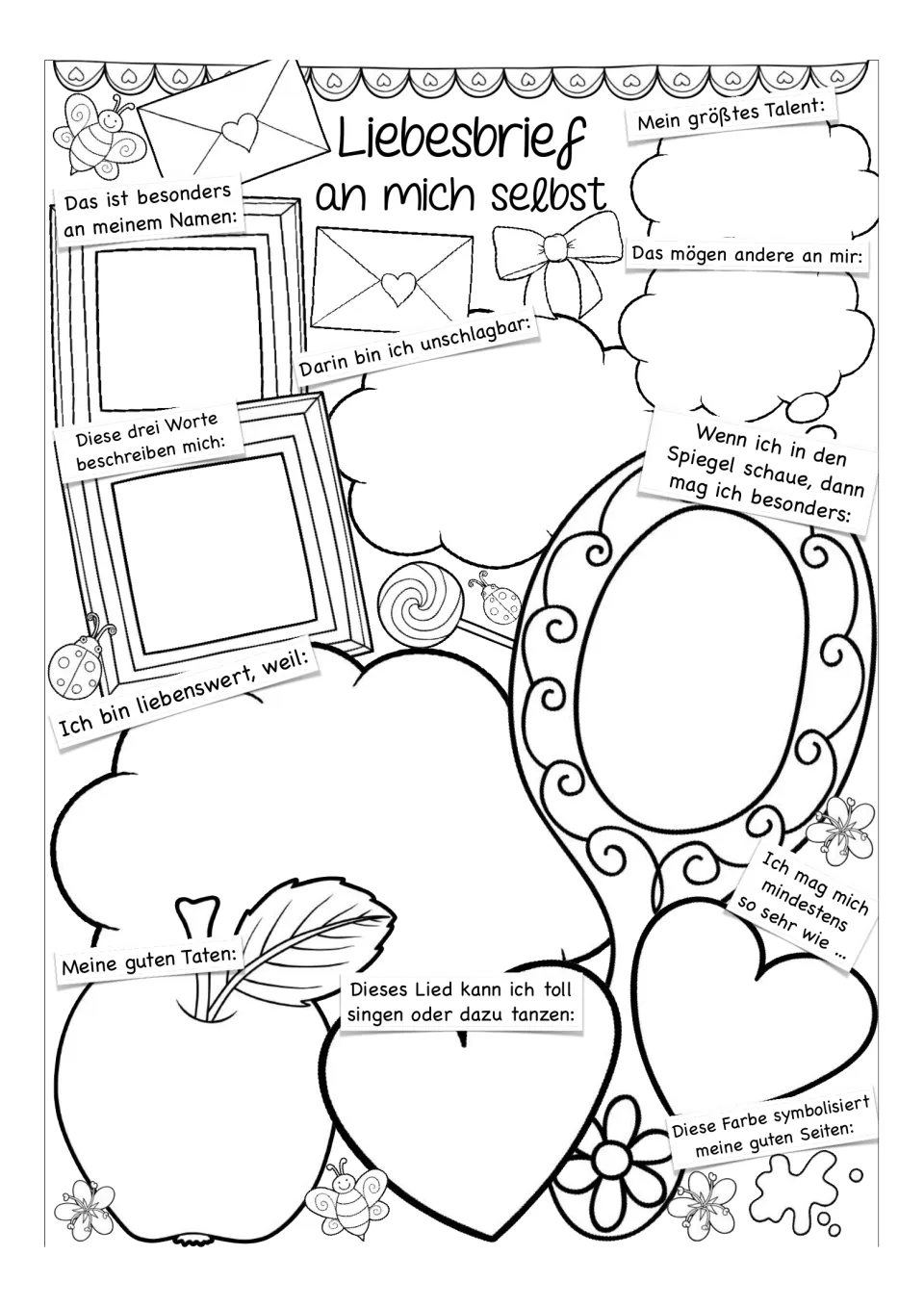 German self-reflection worksheet: Mein größtes Talent (my greatest talent), good deeds, and self-image