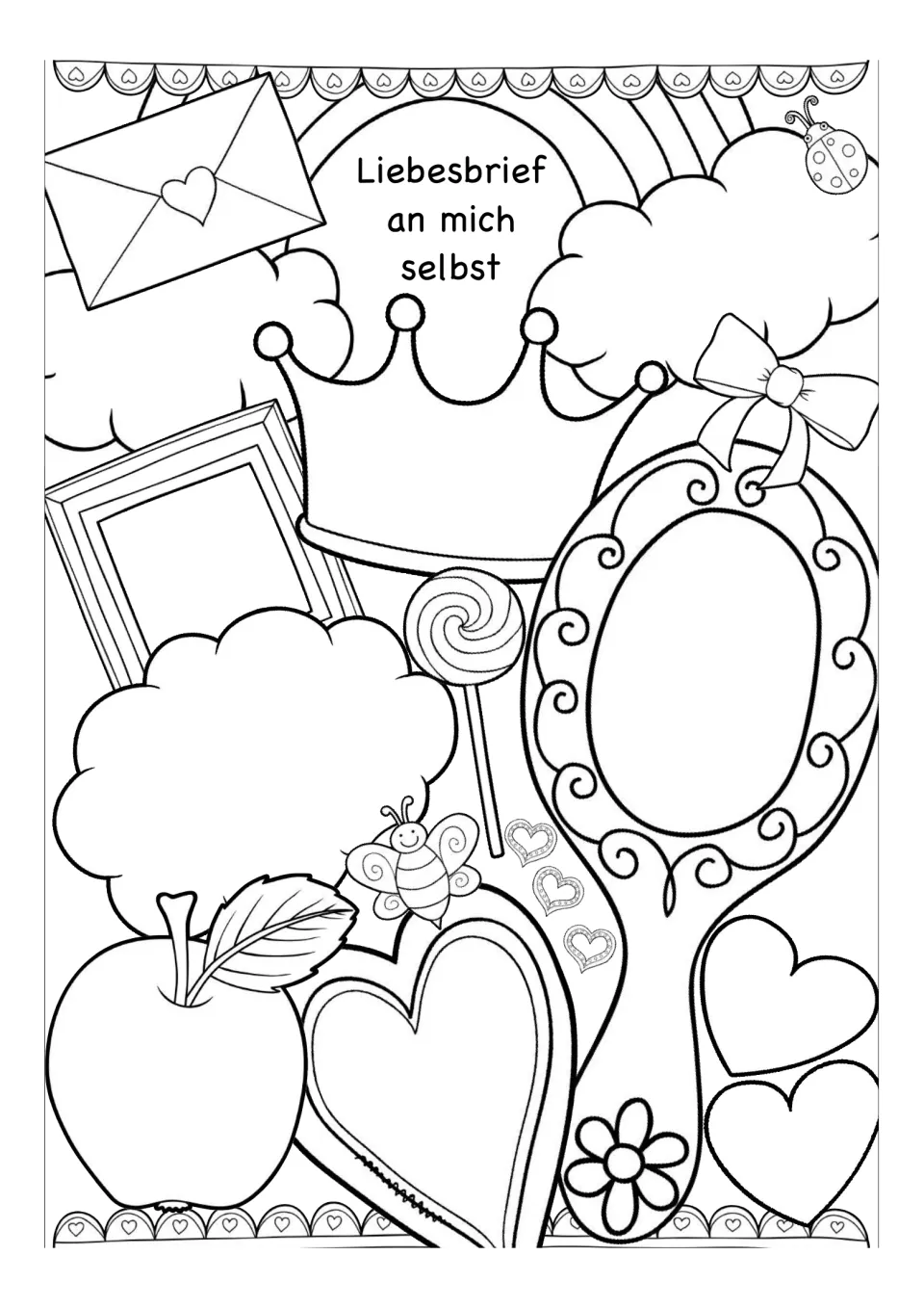 German self-love template without prompts, featuring a crown, mirror, apple, and hearts to fill or color