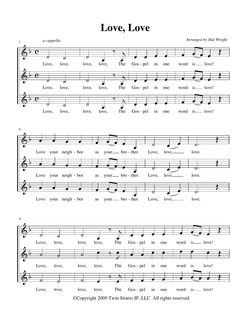 Three-part a cappella score of Love, Love, bars 1-12: all voices sing the melody in unison, then split into harmony