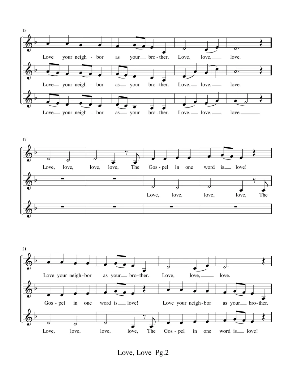 Choral score bars 13-24: the three voices enter one after another, overlapping 'Love your neighbor as your brother'