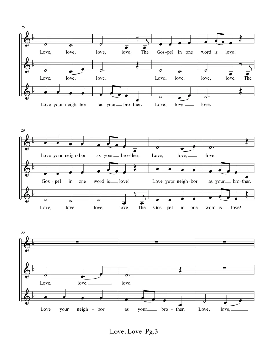 Choral score bars 25-35: each part sings a different lyric at the same time, building three-part counterpoint