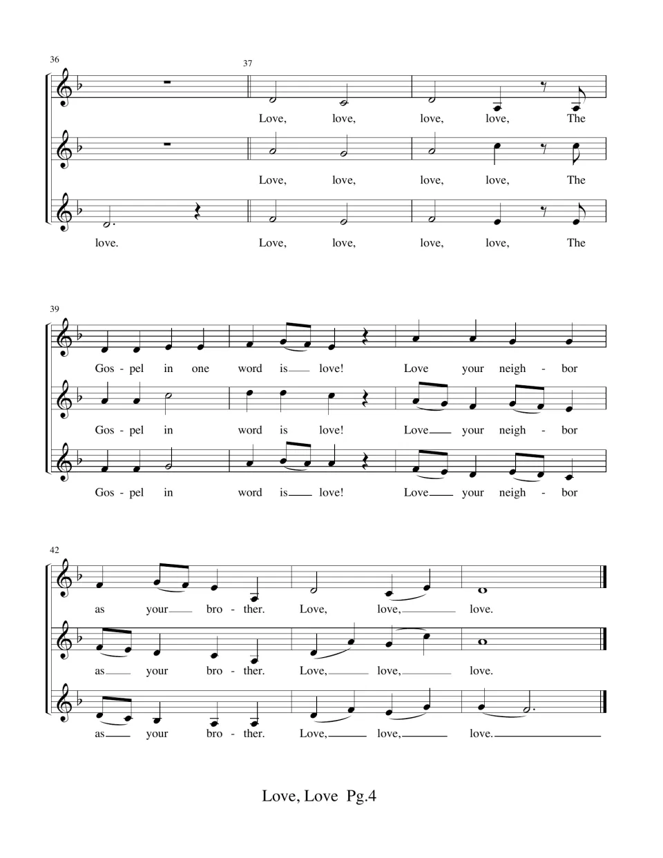Final page of the choral score, bars 36-44: all three parts rejoin on the same words and close on a held 'love' chord