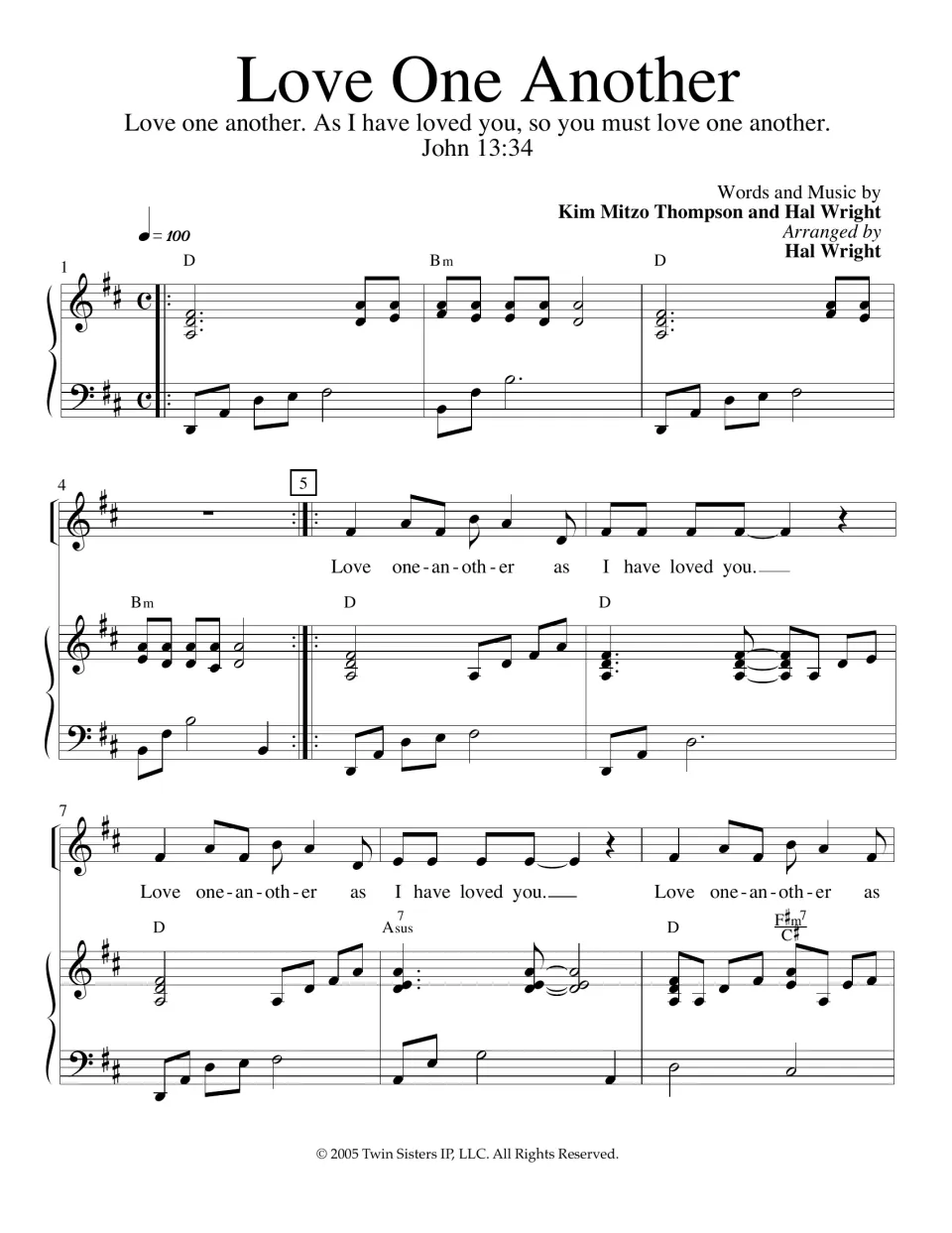 Love One Another song, John 13:34: vocal melody with lyrics, piano part and chords in D for measures 1 to 9