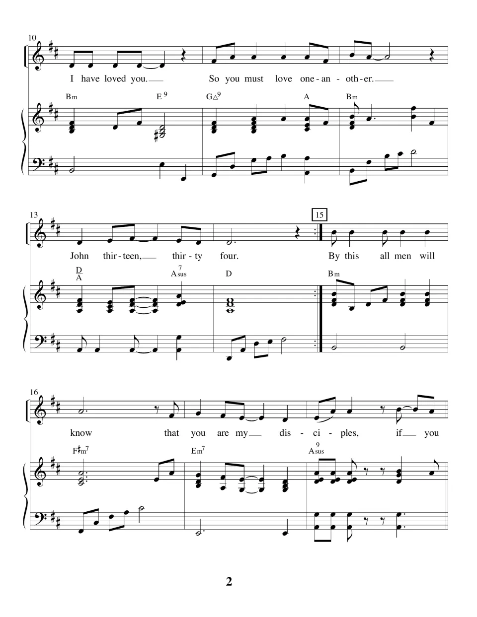 Song score, measures 10 to 18: singers reach "John thirteen, thirty four" and start "By this all men will know"