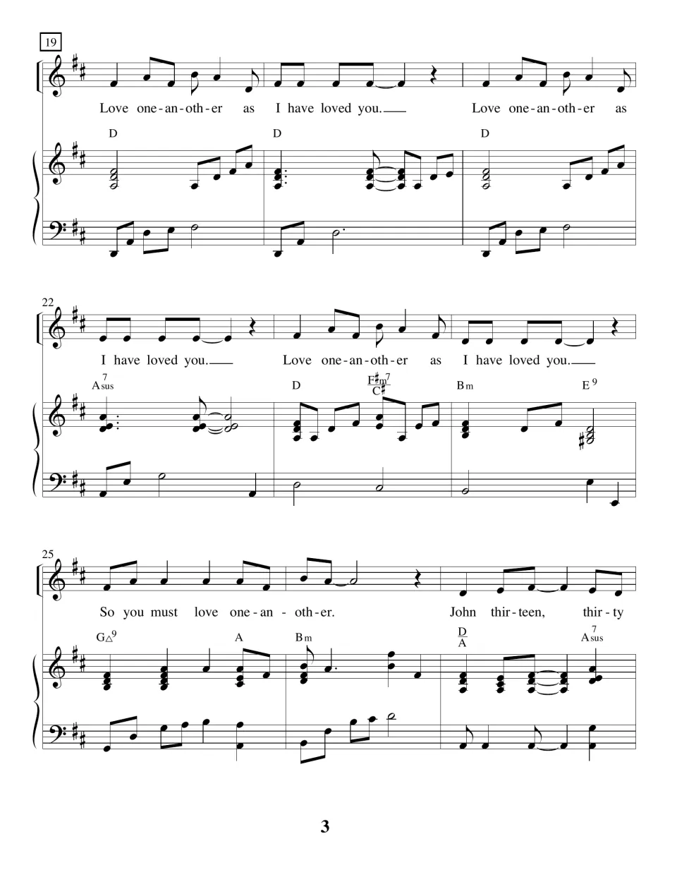 Song score, measures 19 to 27: repeated chorus lyrics with piano accompaniment and chords D, Bm, E9 and Asus7