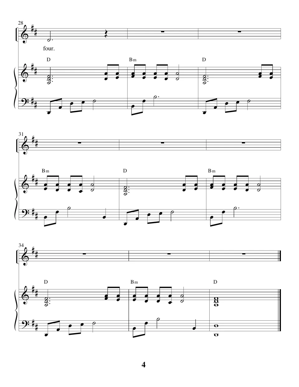 Song score ending, measures 28 to 36: final sung word "four" then a piano outro alternating D and Bm chords
