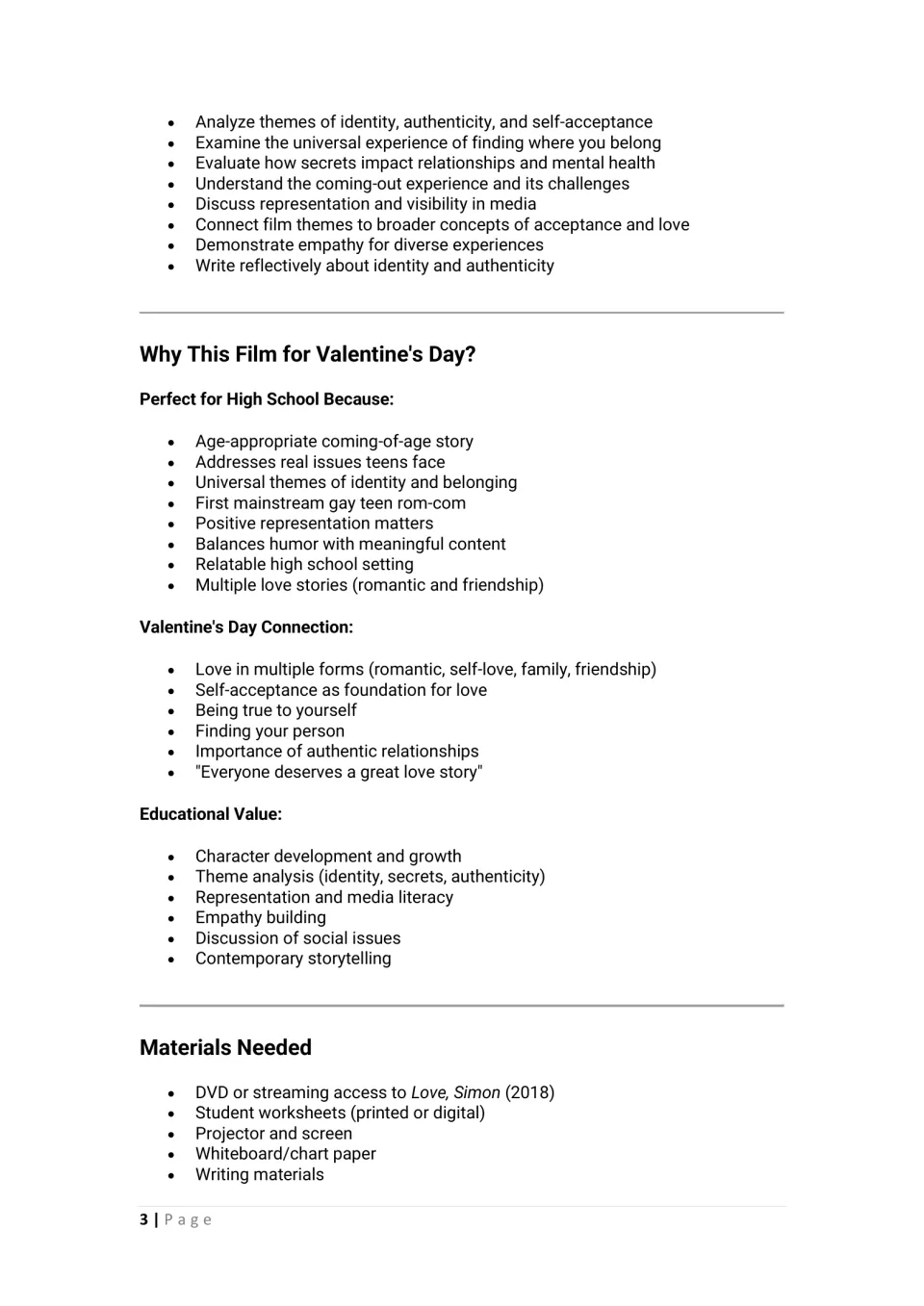 Film rationale: learning objectives plus lists on why this film fits Valentine's Day, its educational value and materials
