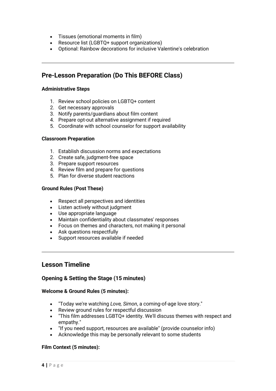Pre-lesson preparation: administrative steps, classroom setup, ground rules to post, and the 15-minute opening script