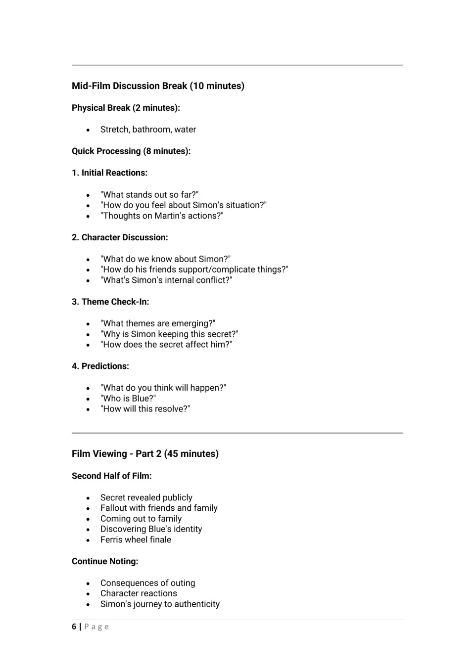 Mid-film discussion break: quick questions on reactions, characters, themes and predictions, then Part 2 viewing notes