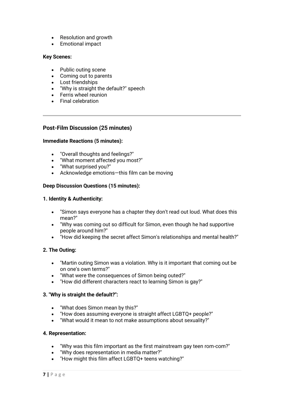Post-film discussion questions on identity, the outing, "Why is straight the default?" and media representation