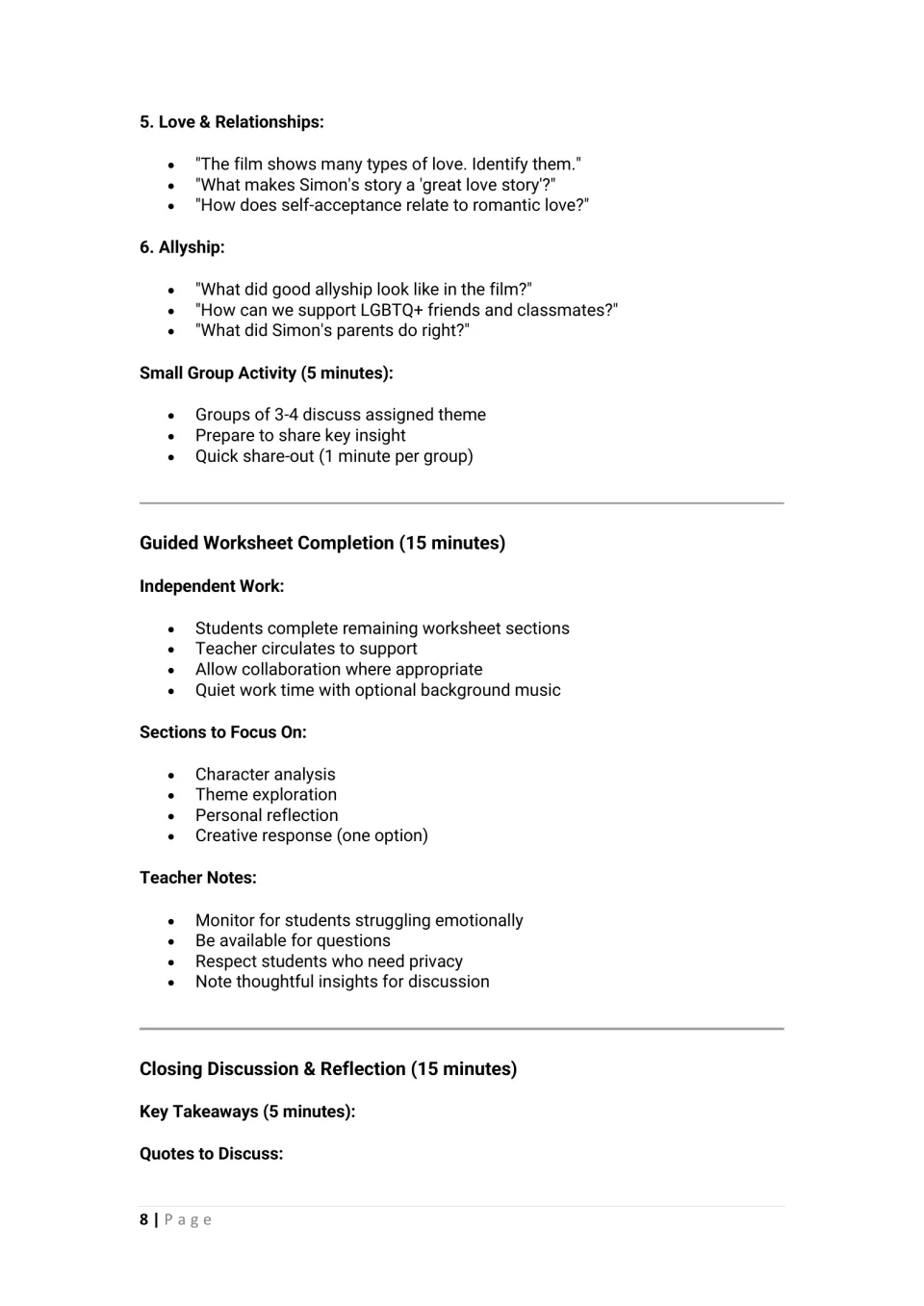 Discussion on love and allyship, a small-group theme share, and steps for guided worksheet completion and teacher notes