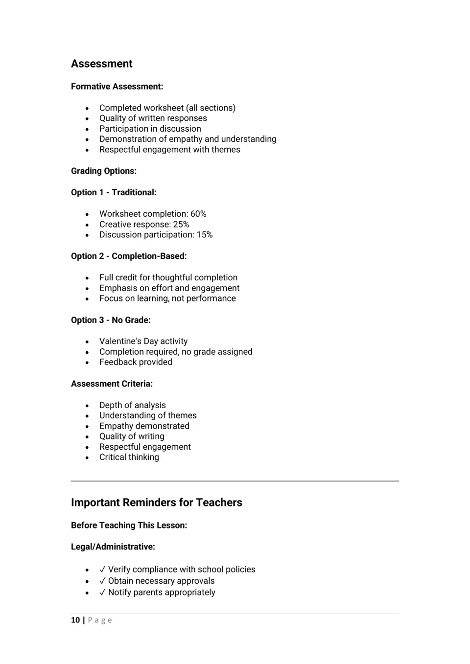 Assessment: formative checks, three grading options from a 60/25/15 split to no grade, criteria and admin reminders