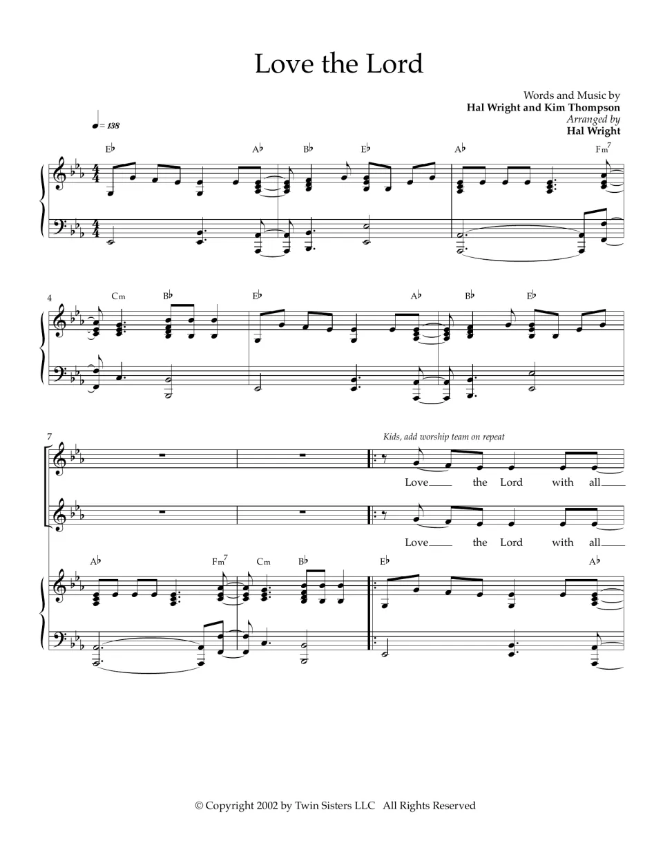 Song opening in E-flat by Hal Wright and Kim Thompson: piano intro at 138 bpm, then two vocal parts enter at measure 9