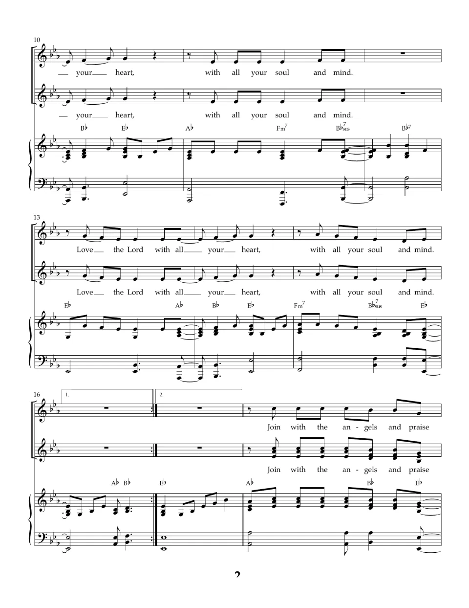 Measures 10-18: both voices sing "with all your soul and mind," then first and second endings lead to "Join with the angels"