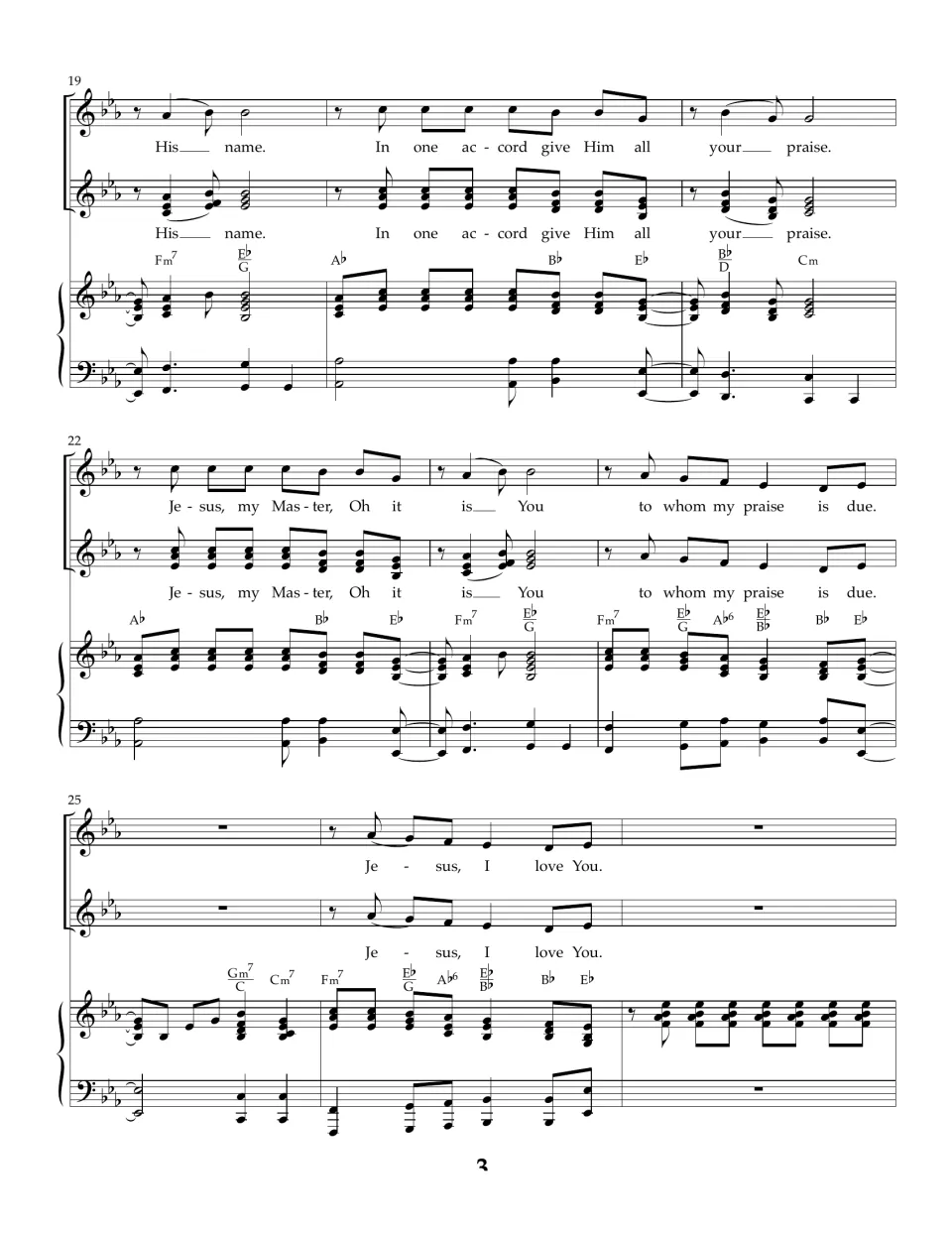 Measures 19-27: two-part vocals sing "In one accord give Him all your praise" and "Jesus, my Master" over piano chords