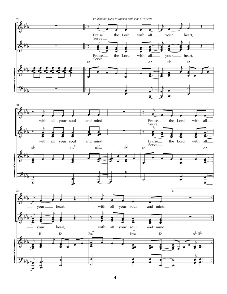 Measures 28-36: worship team joins kids in unison, then in parts, singing "Praise" or "Serve the Lord with all your heart"