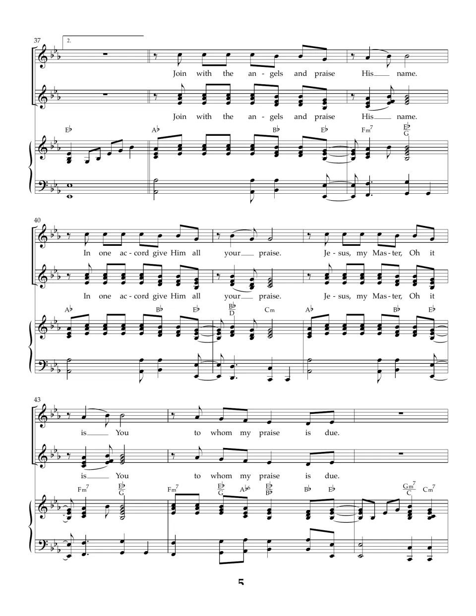 Measures 37-45: second ending leads into the "Join with the angels and praise His name" section with piano chord symbols