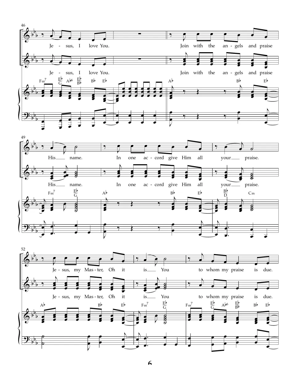 Measures 46-54: "Jesus, I love You" leads into a repeat of the angels section, "In one accord" and "Jesus, my Master"