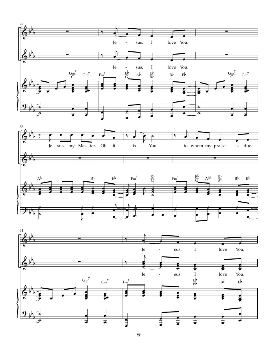 Final measures 55-62: one voice sings "Jesus, my Master" before both parts close on "Jesus, I love You" with piano