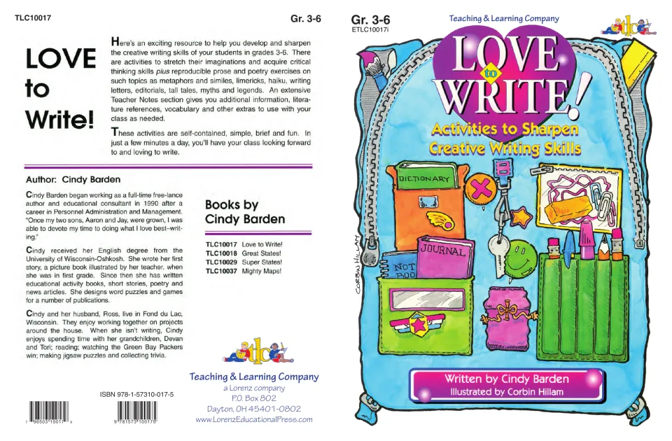 Love to Write! book cover, front and back, with grades 3–6 label and Cindy Barden's author bio
