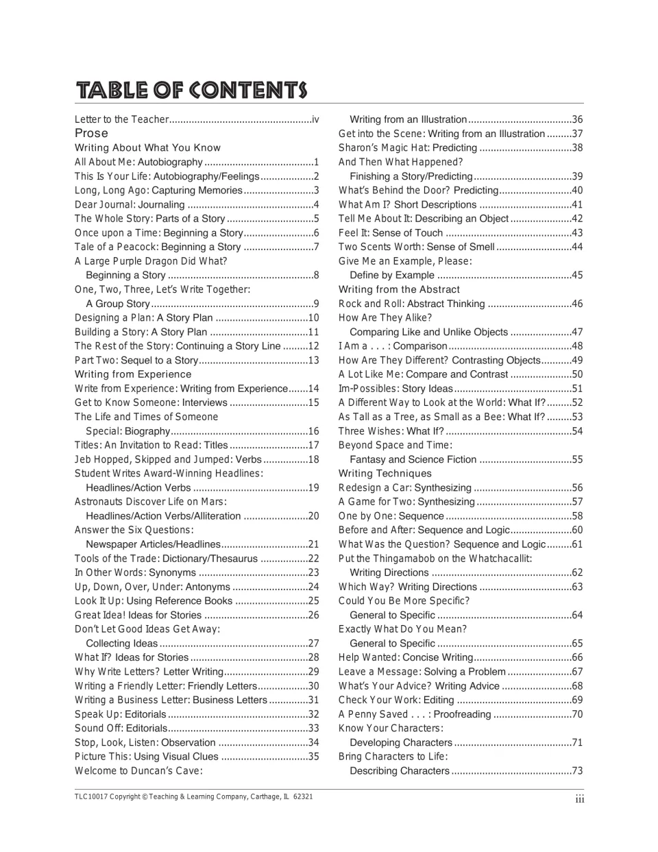 Table of contents, part 1: prose activities from All About Me (page 1) through Bring Characters to Life (page 73)